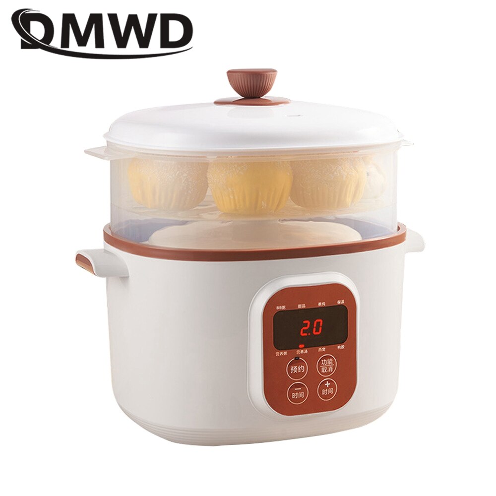 DMWD Household Electric Slow Cooker Stew Pot Food Steamer Pot Breakfast Maker Porridge Soup Cooking Machine 9.5h Appointment