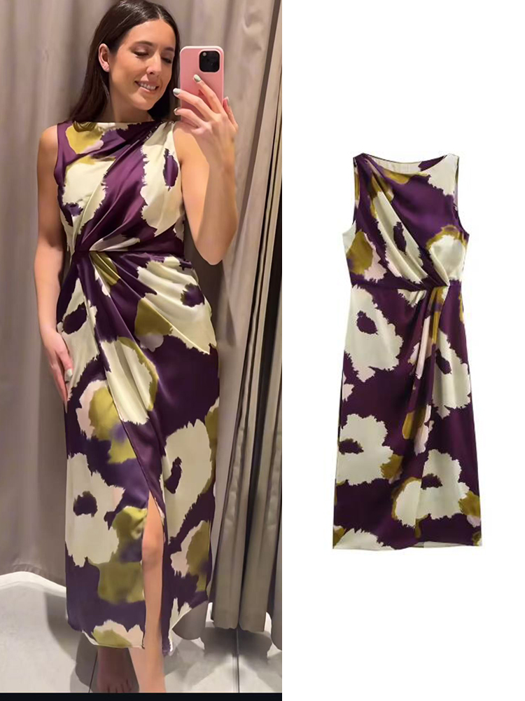 TRAF Vrouwen Zomer Lange Jurken 2023 Fit Party Vintage Vrouwelijke Mouwloze Bloemenprint Ronde Hals Midi Jurk Vrouw ﻿