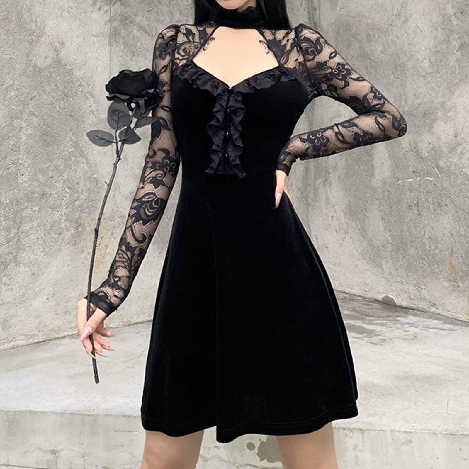 Women Gothic Dress Long Sleeve Hollow Out Lace Patchwork Punk Dress Autumn And Winter bodycon dress ropa de mujer