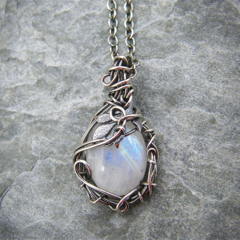 Pendant Necklace Silver Color Chain Moonstone Necklaces for Women Female Jewelry for Girl