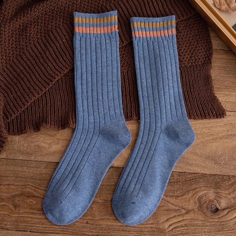 Chaussettes Vintage en coton pour femmes, longues, amples, solides, tricotées, rayées, respirantes, collection printemps-automne: Blue