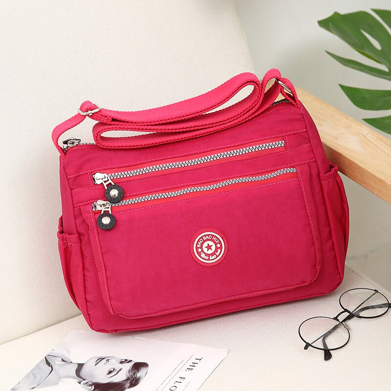 Multi Pocket Handbag Waterproof Nylon Shoulder Bags Zipper Large Capacity Travel Female Crossbody Bags Female Multilayer: Pink