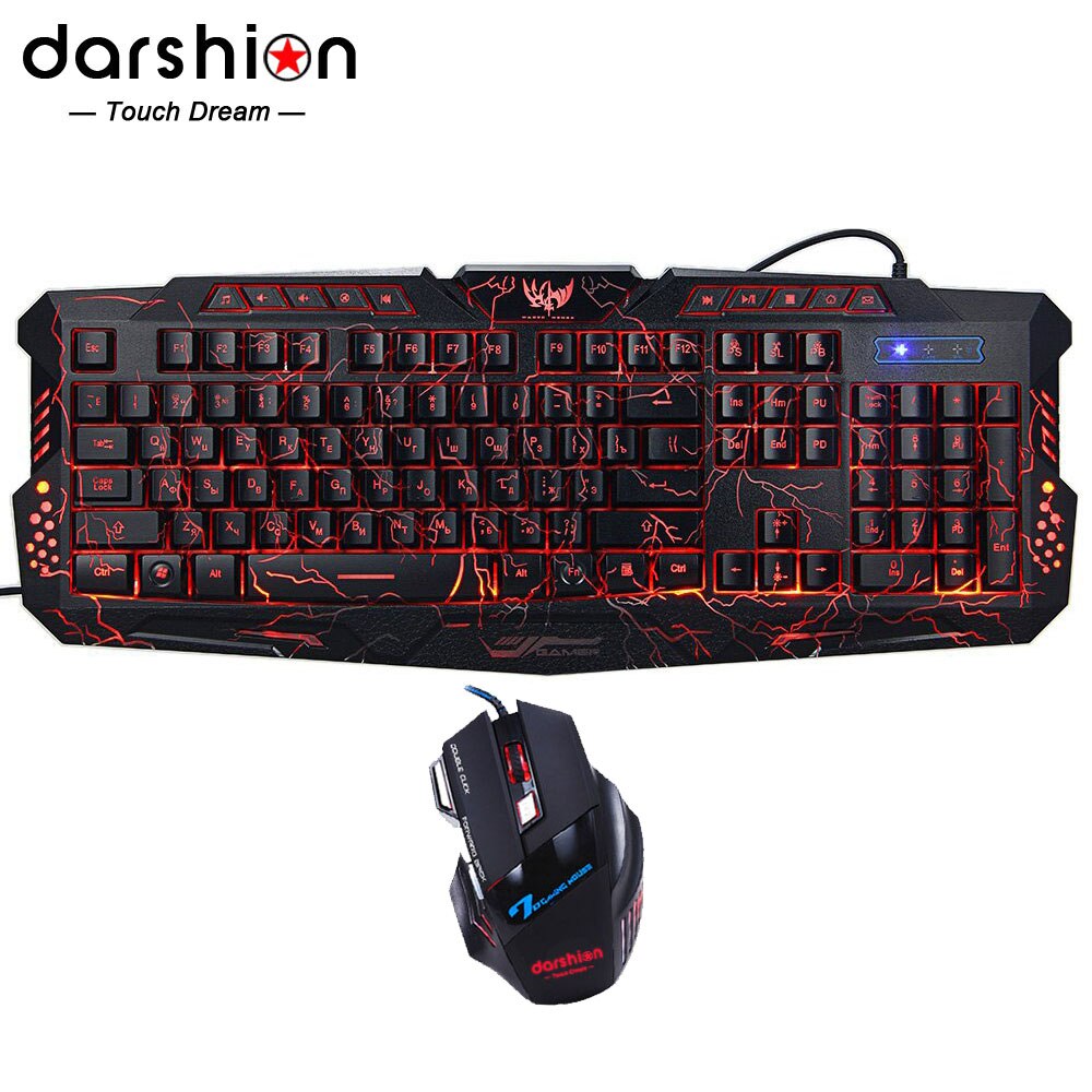 Russian keyboard mouse combo Backlit LED gaming led 3color fingerboard +Colorful gaming mouse breathing light 7 buttons 3600DPI