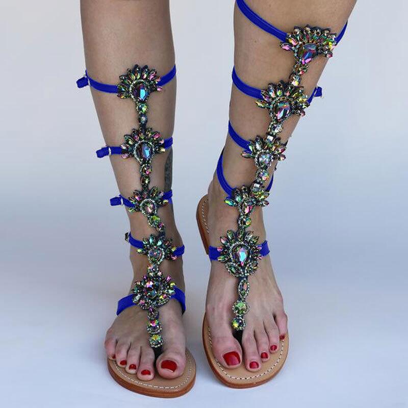 Sommer Wohnungen Sandale Gladiator Gold Strass Kniehohe Schnalle Frau Stiefel Kristall Strand Schuhe Plus größe 43