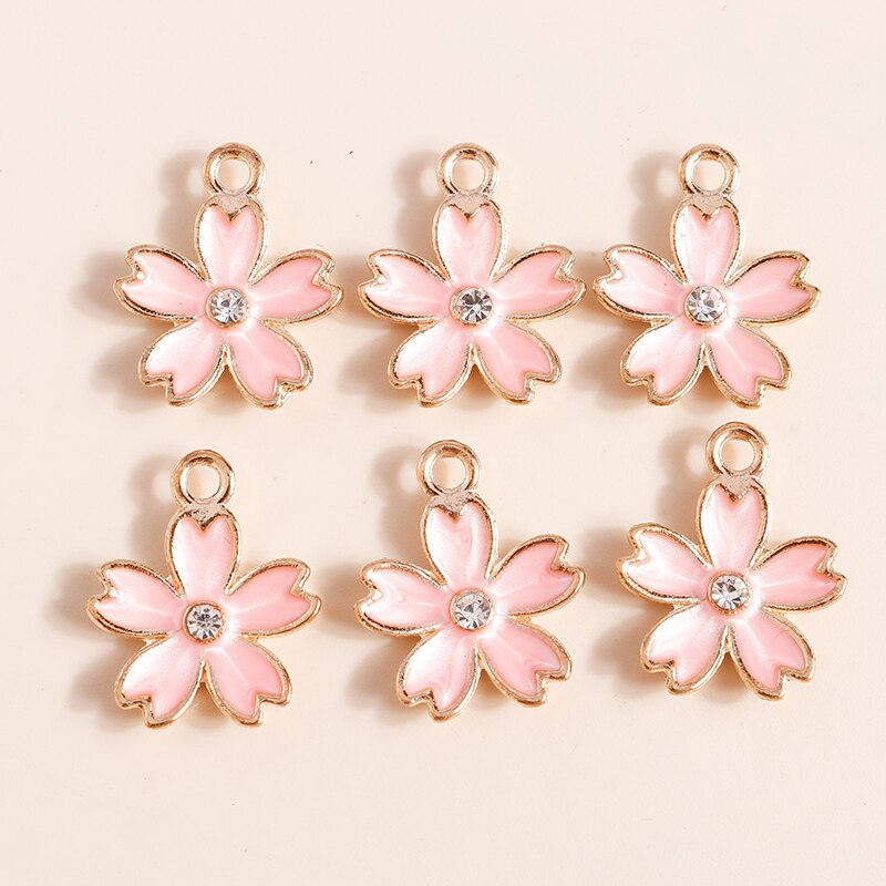 Dijes de flores de cristal rosa para fabricación de joyas, abalorios de plantas de aleación esmaltada para collar y pendientes, 10 piezas, 14x17mm
