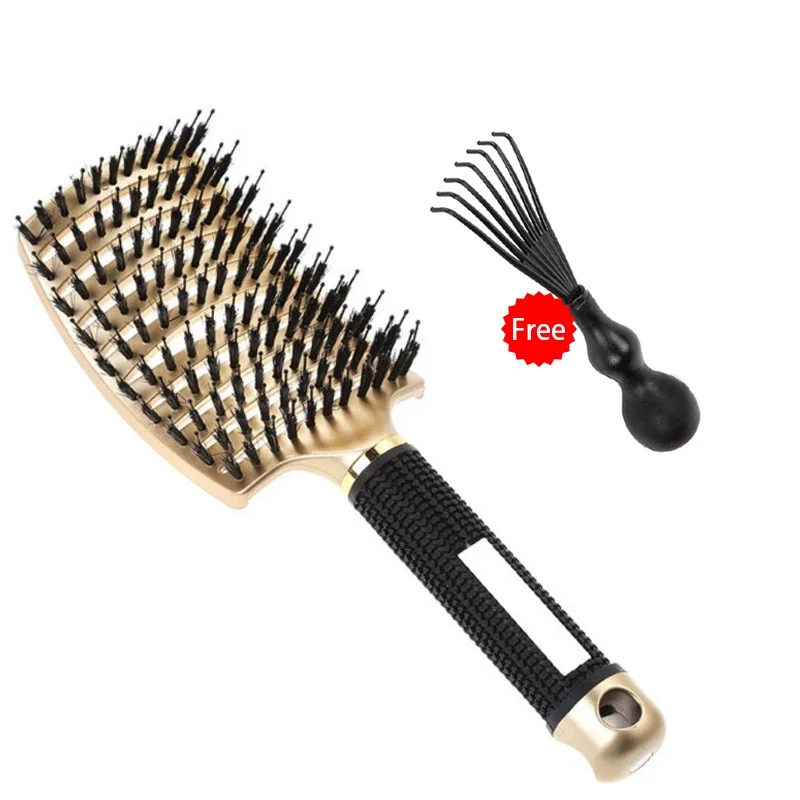Cepillo para el cabello, cepillo para desenredar, cerdas y nailon, pelo rizado húmedo para mujer, peine para masaje del cuero cabelludo, herramientas de estilismo para salón de peluquería: Castaño