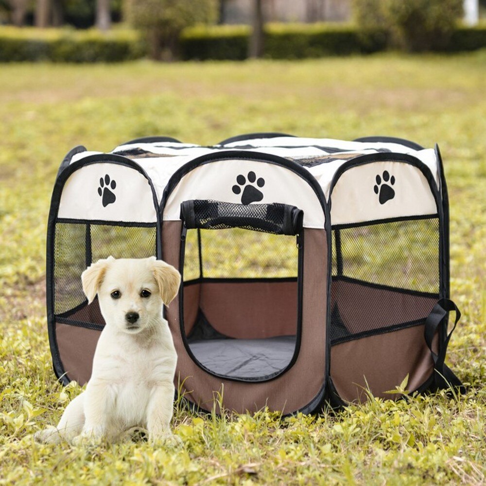Portable Outdoor Dog Kennels Fences Pet Tent Folding Dog House Cage Dog Cat Tent Playpen Puppy Bed Waterproof Pet Fence: Brown / 91x91x58cm