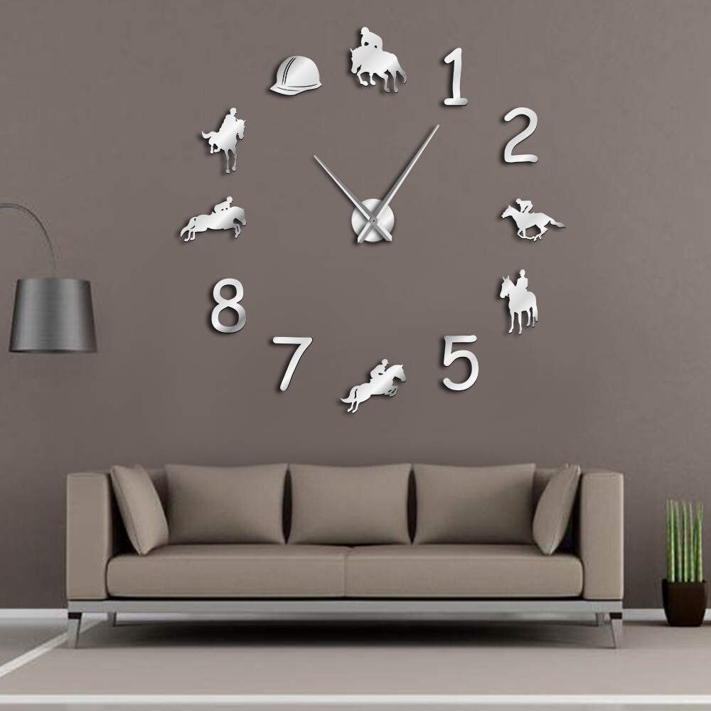 Cow-boys équestres bricolage grand nombre horloge murale moderne équitation sans cadre montre murale géant 3D miroir autocollant mural cavalier: Argent / 27inch