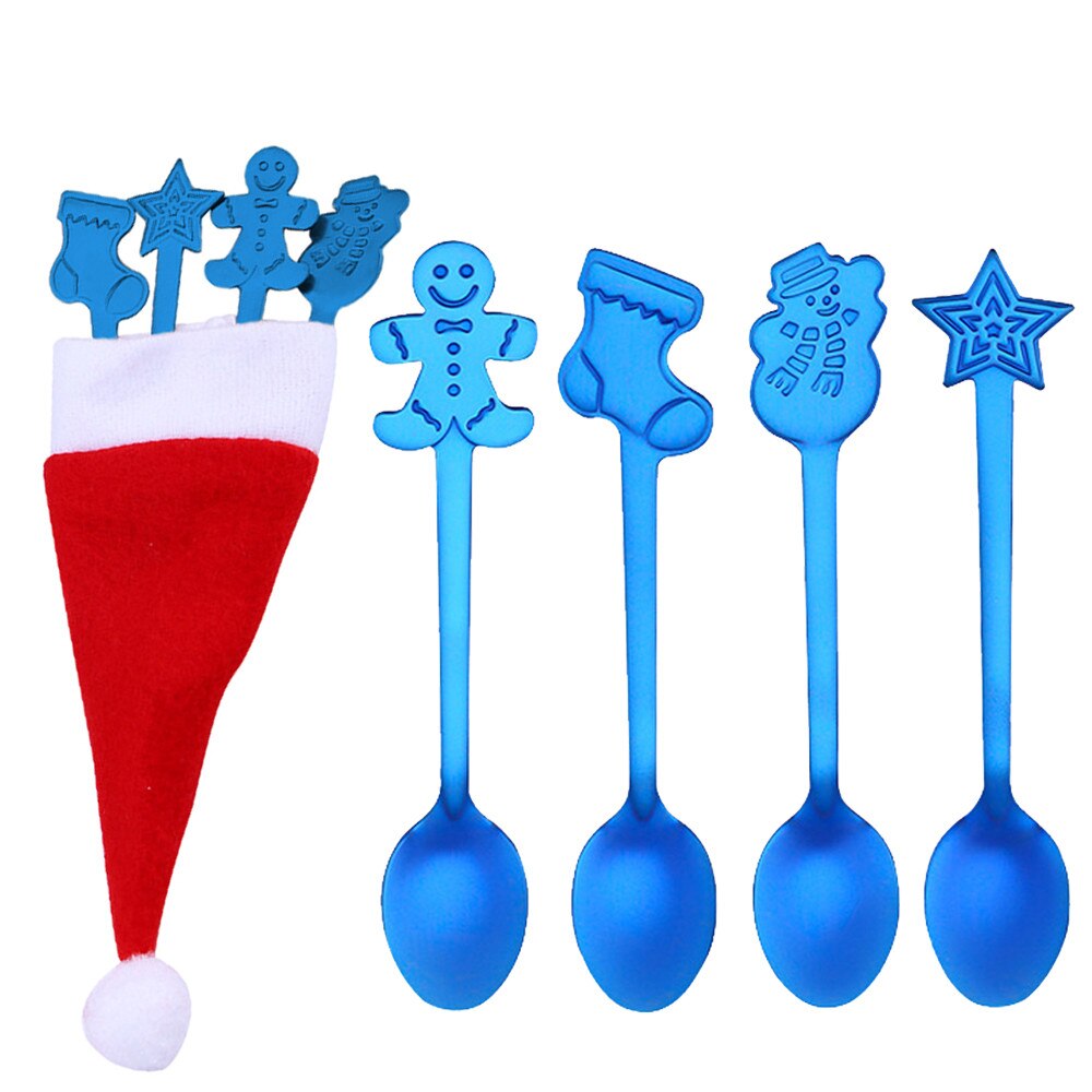 4Stck Edelstahl bunte Weihnachten Kaffee Löffel Griff Löffel Besteck Eis Trinken Werkzeug Weihnachten Hütte Besteck H5