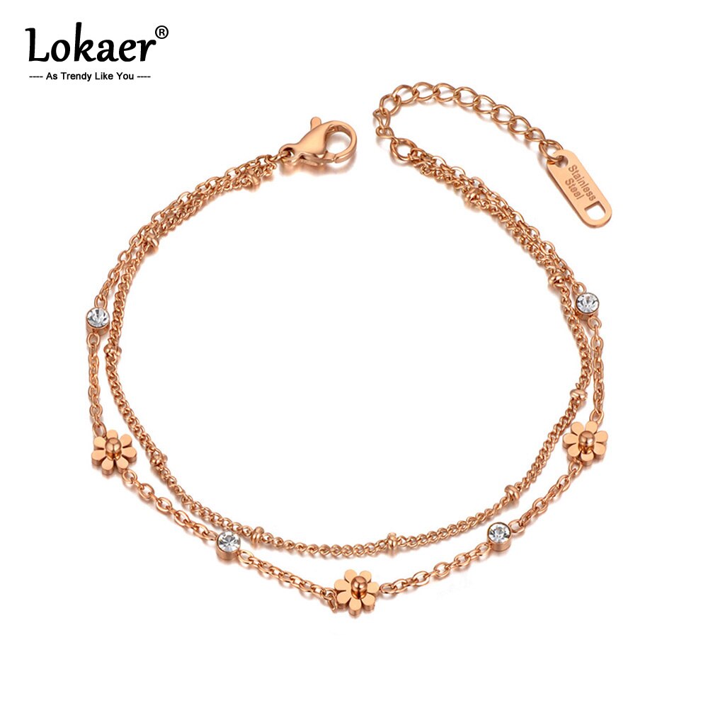 Lokaer Titânio Pequenas Margaridas Charme Pulseiras Para As Mulheres de Dupla Camada de Aço Inoxidável de Cristal CZ Pulseira de Praia Jóias B20079