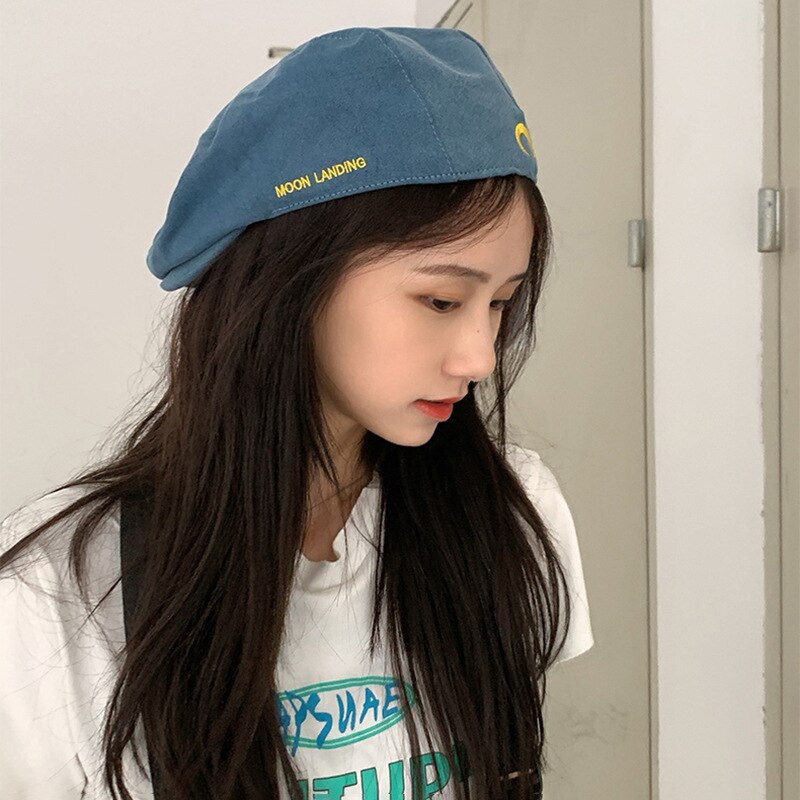 Vrouwen Hoeden Herfst Winter Retro Maan Geborduurde Forward Cap Meisje Niche Wilde Baretten Koreaanse Versie Van Reverse Caps Detective Hoed