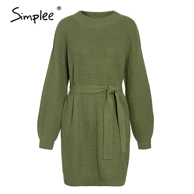 Simplee Casual mujer suéter vestido suelto estilo verde con cinturón mujer Vestido de punto otoño invierno cálido cuello redondo señoras Vestidos de punto: M