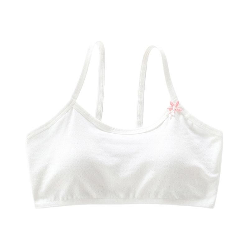 Puberty Girls Cotton Training Bra Spaghetti Strap Wire Free Sport Underwear Lightly Padded Embroidery Floral Brassiere: White
