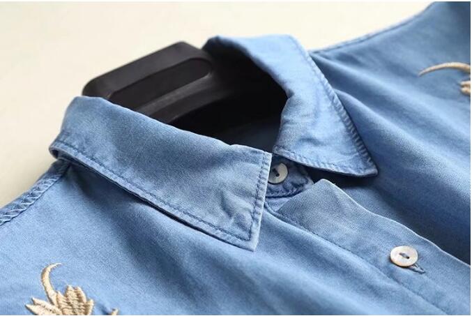 Boyfriend Gold line flor bordada mediados de la Camisa larga mujeres suelta manga larga Denim blusa Tops blusas