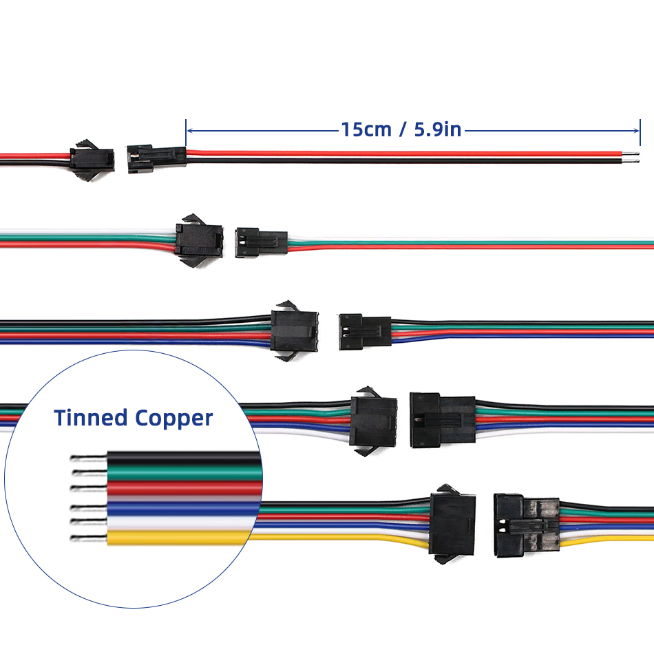 2 3 4 5 6- pinner ledet-stripe jst sm-kontakt hann- eller hunnadapterplugg jst-kontaktterminal med 15cm 22 awg-ledning til lysstripe