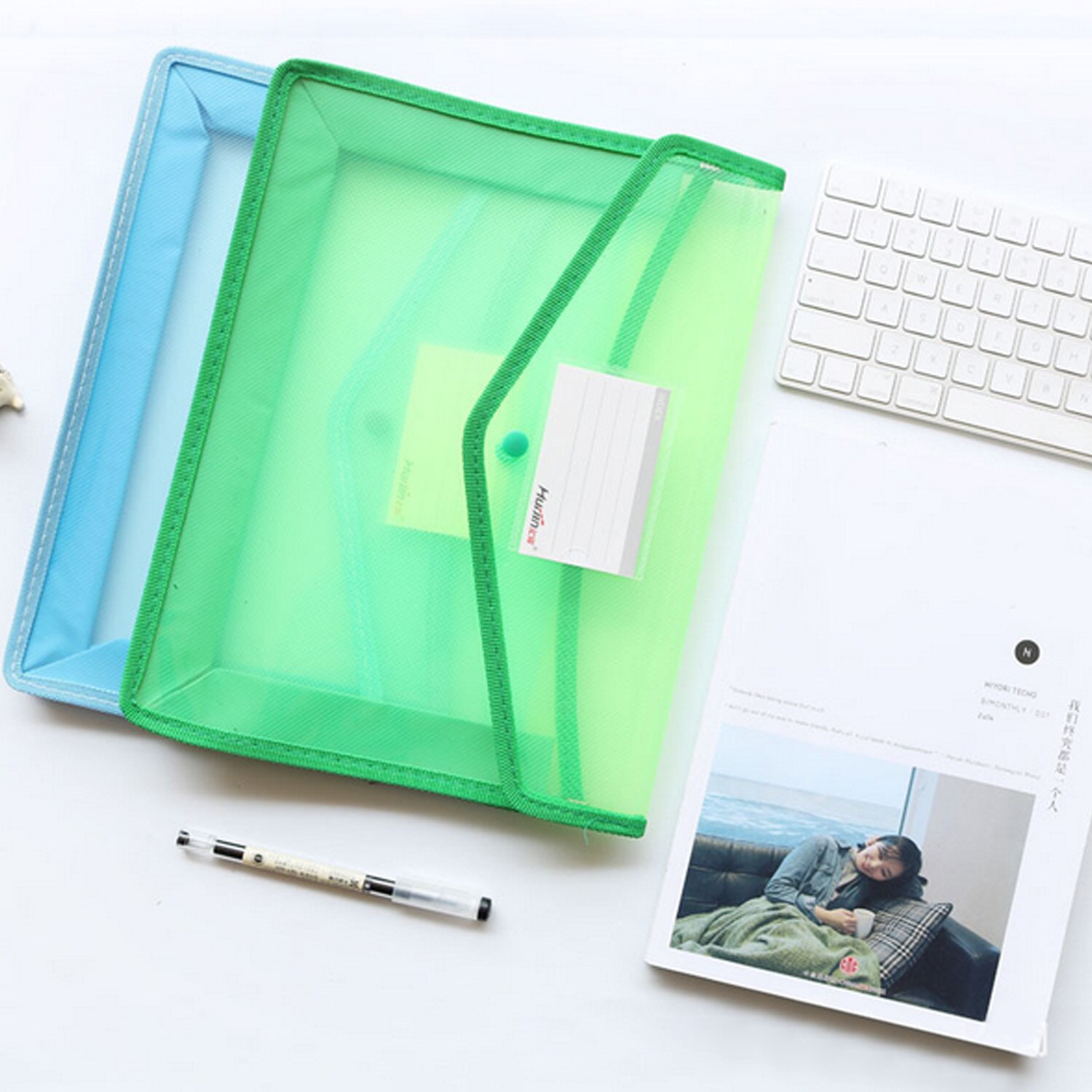 2PCS A4 Size Transparent Clear PP File Document Bags Pencil Pen Case Holder Folders w/Card Slot for Office School Stationery