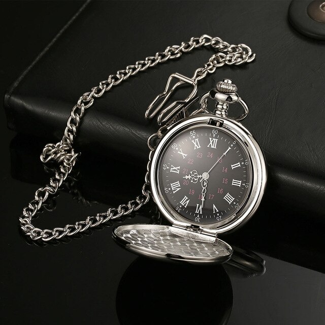 Mode 37Cm Fob Gladde Stalen Quartz Zakhorloge Vintage Romeinse Nmber Wijzerplaat Hanger Fob Horloge Klok: silver black