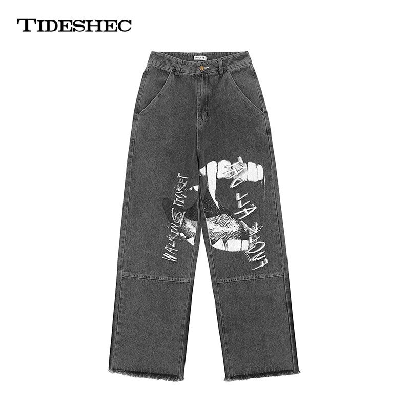 Hip Hop Denim Pants Men Streetwear Harajuku Letter Print Stitching Jeans Baggy Denim Pants Autumn Trousers