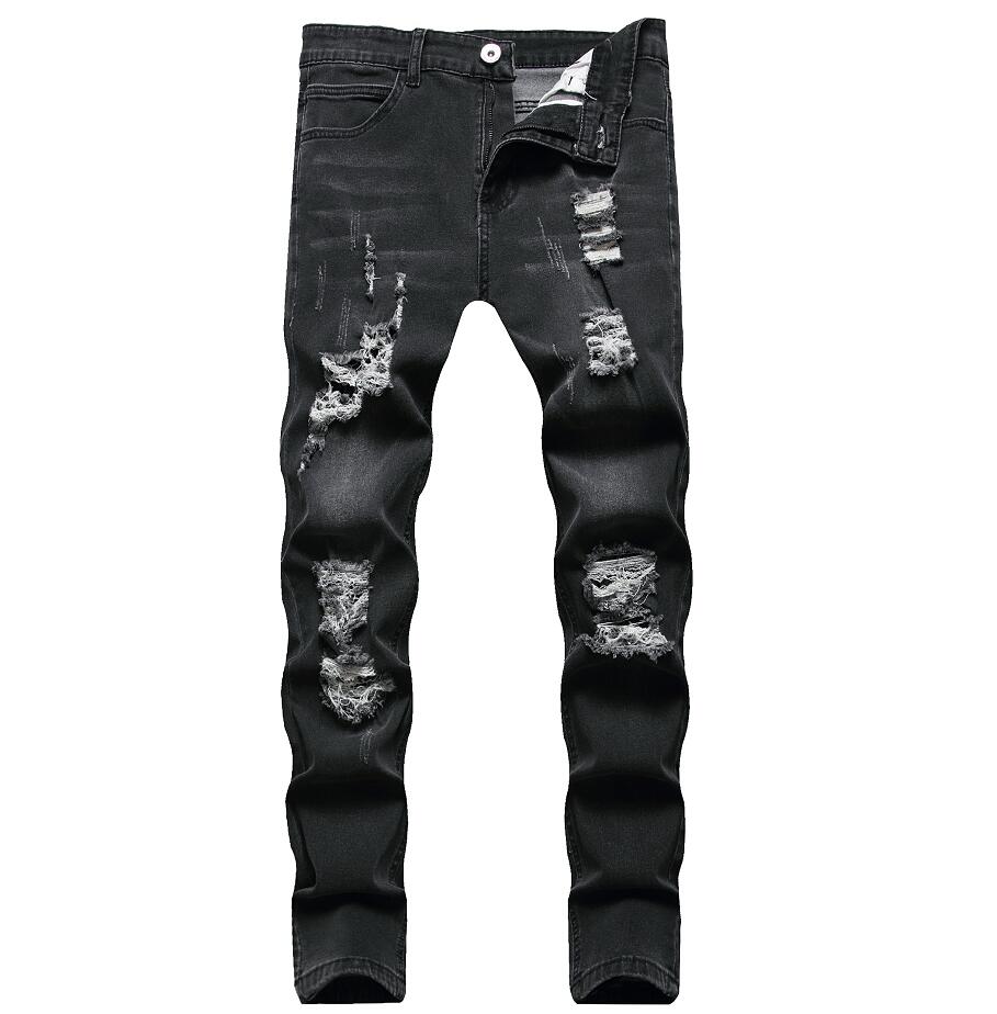 Y2k Mannen Jeans Casual Jeans, effen Kleur Lange Broek Met Gebroken Gaten Slim Kleine Voeten Mannen Ripped Broek: Black / L