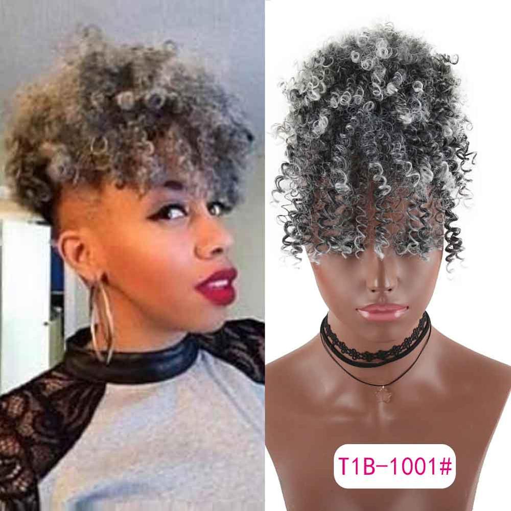 Hestehale puffeklip med højt hår i hårstykke afro kinky krøllet syntetisk snørehestehale med pandehår extensions: T1b 1001