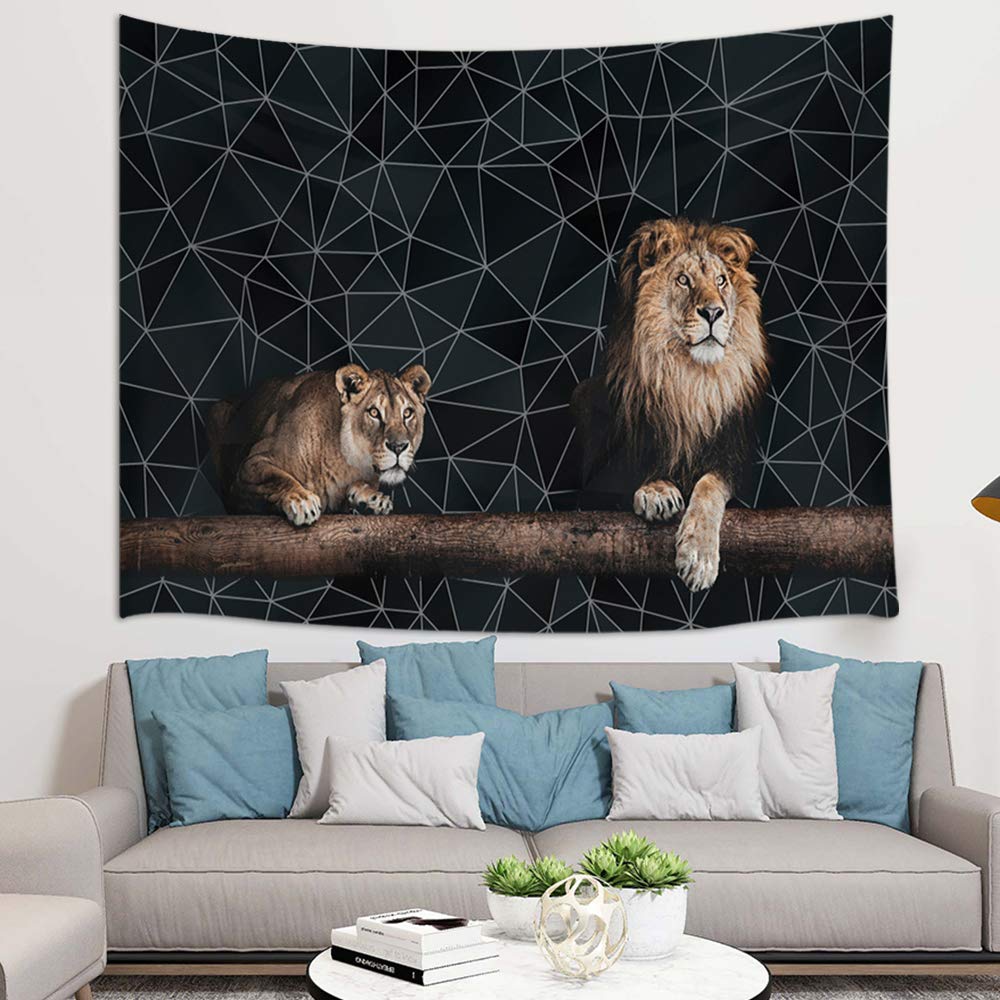 Animales salvajes León pareja en el tronco y líneas geométricas hogar Decoración atística de pared