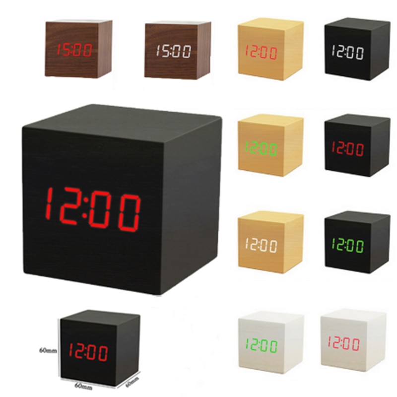 6*6*6cm Square Smart Digital Alarm Clock Smulation Wooden LED Alarm Clock Glow Showing Date temperature Voice Control Clock