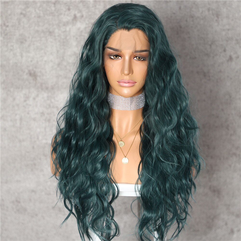 Lvcheryl Dark Green Color Heat Resistant Hair Wigs Party Wigs Natural Wavy Synthetic Lace Front Wigs for Women Wear: 24inches