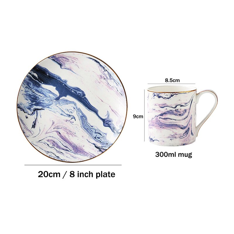 Purple Marbled Dinnerware Set Golden Ceramic Mug Dinner Plate Pasta Dishes Afternoon Tea Salad Dessert Plate Coffee Cup Saucer: Set C