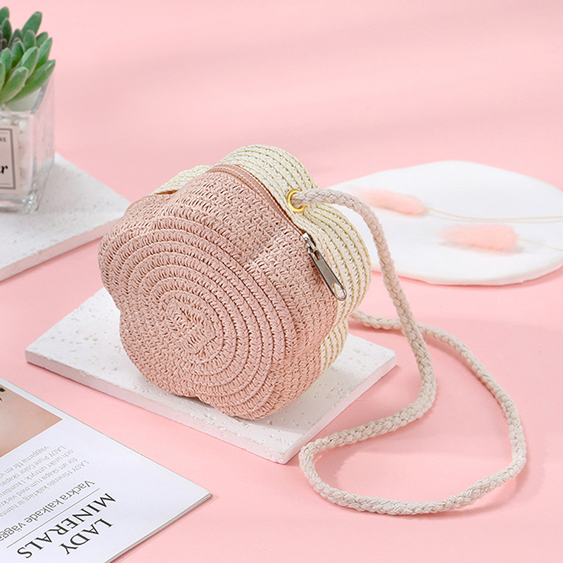 Handgemaakte kinderen meisjes schoudertas bloem stro babytassen messenger bag kinderen sleutels portemonnee schattige prinses mini handtas: Lavendel