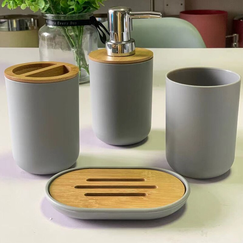 4 Stuks Bamboe Badkamers Set Tandenborstelhouder Zeepdispenser Zeepbakje Container Badkamer Accessoires