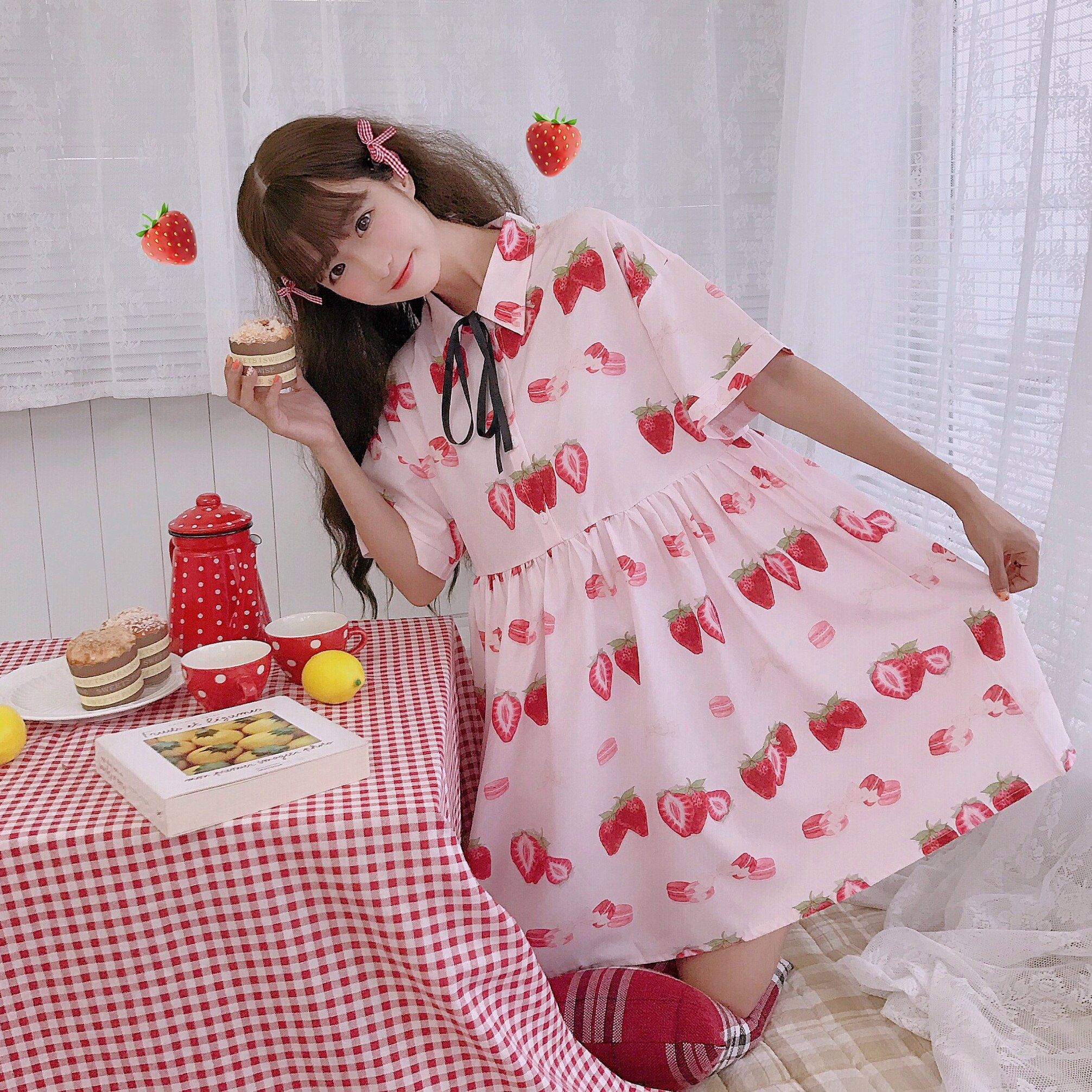 Vestido de verano estilo japonés de manga corta, falda holgada con dibujo de fresa para mujer