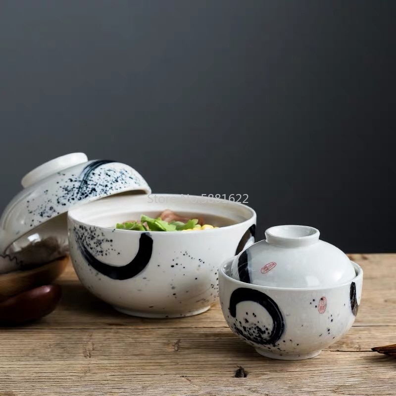 4.5/6.5 Inch Japanese Style Ceramic Dessert Stew Pot Noodle Soup Ramen Bowl Household Rice Bowl With Lid Dinnerware Set