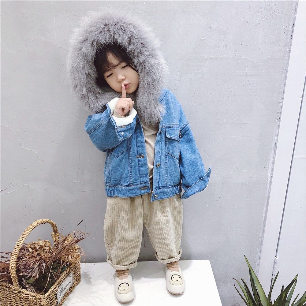 Vêtements pour enfants pour garçons et filles automne et hiver vestes velours épaississement veste en jean pour enfants de luxe grand col en fourrure