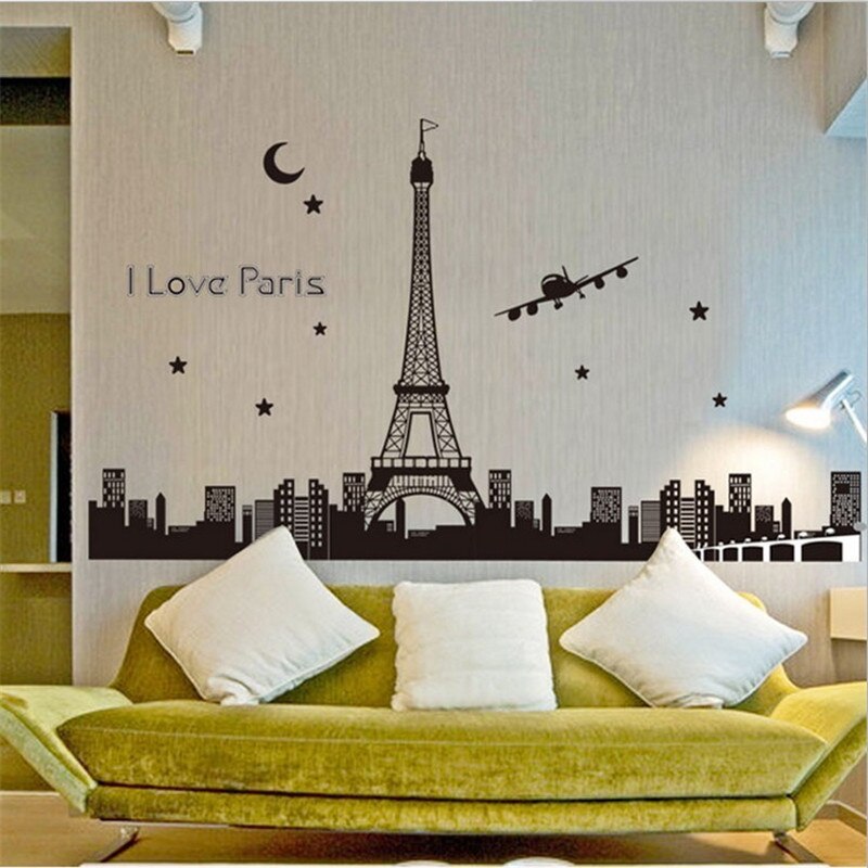 Panoramic I Love Paris Eiffel Tower Wall Sticker Quote Luminous City Night View Home Decor Decal Bedroom Fluorescent Wallpaper