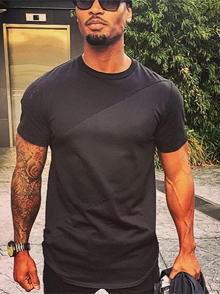 Muscle Fitness Sports T-shirt Men's Summer Stitching O-neck Half Sleeve Sweat-absorbent Breathable Sweatshirt Sportswear Jogging: Black / XXL