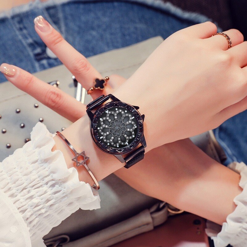 Lucky Women Wrist Watches Rose Gold Rotating Flower Watches relogio feminino Diamond Magnetic Quartz Clock