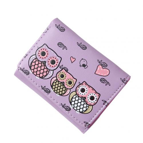 Porte-monnaie en Faux cuir pour femmes et filles, Mini portefeuille à trois volets, motif de hibou de dessin animé: Violet