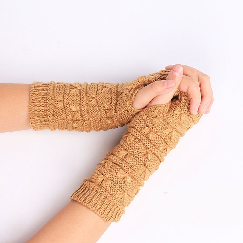 Korean Version Arm Cover Winter Thicken Knitted Woolen Gloves Half Finger Sleeve Arm Warmer Protection Fingerless Gloves: camel