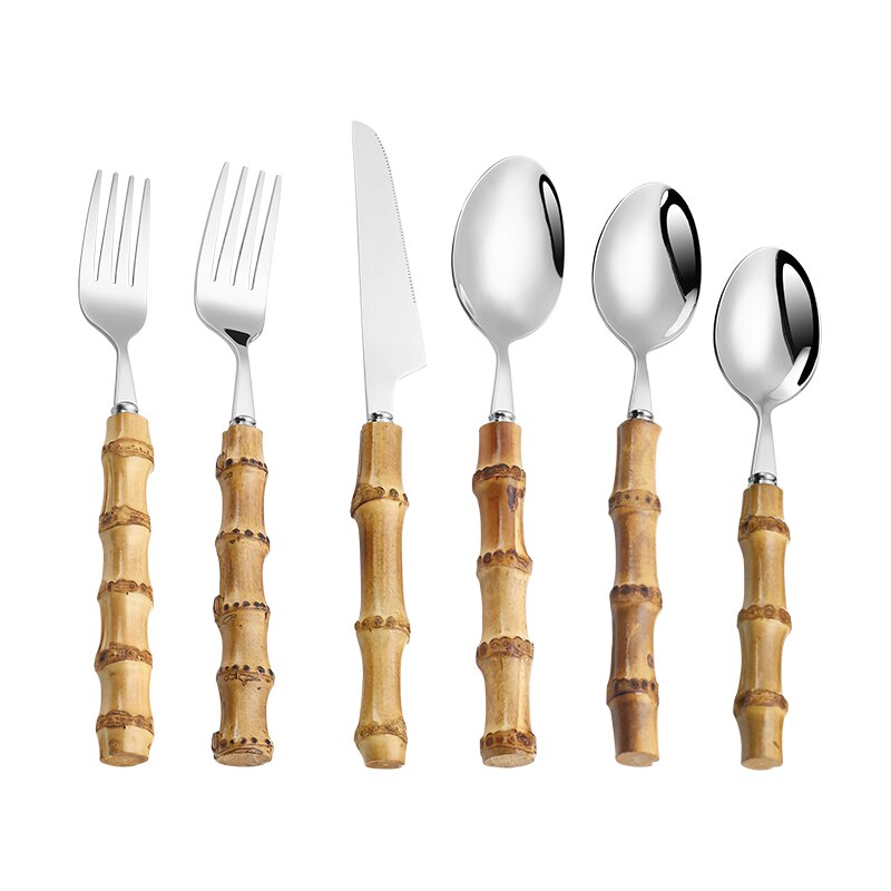 6Stck Natürliche Bambus Griff Geschirr Edelstahl Luxus Geschirr einstellen Steak Messer Nachtisch Gabeln Tee Löffel Gold Besteck: Silber- 6-Stück einstellen