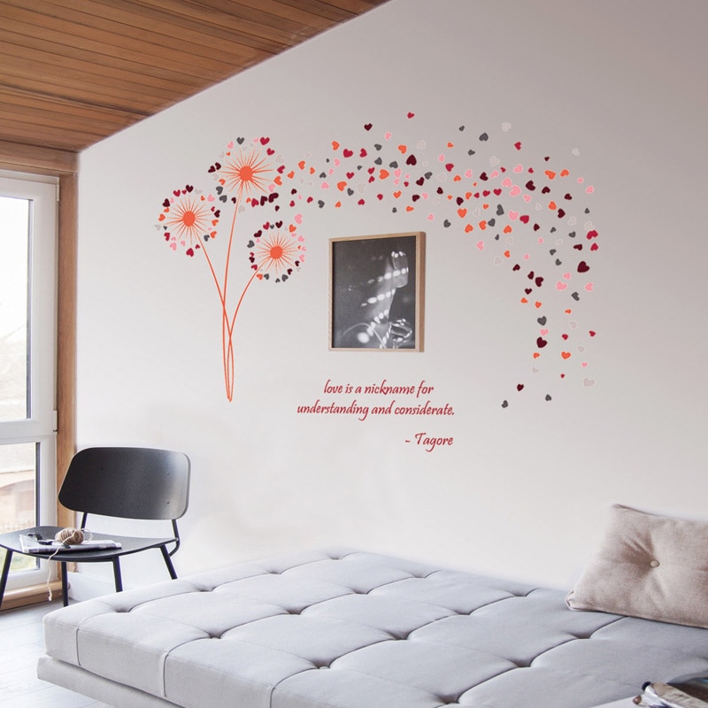 Muursticker met paardenbloem in de vorm van een hart in de vorm van een veelkleurige roos voor een bruiloft, romantische decoratie voor thuis, muurschilderingen, paardenbloemstickers