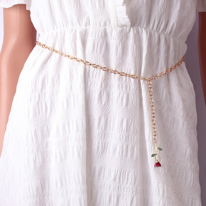Gold Metal Thin Women Chain Belt Rose Flower Decorative Waist Chains All-Match Dress Adjustable Metal Straps