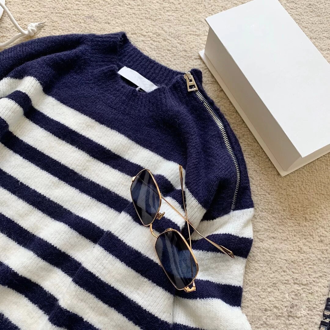 Efterår europæisk og amerikansk klassisk skulder lynlås skulder stribet sweater sweater kvinder