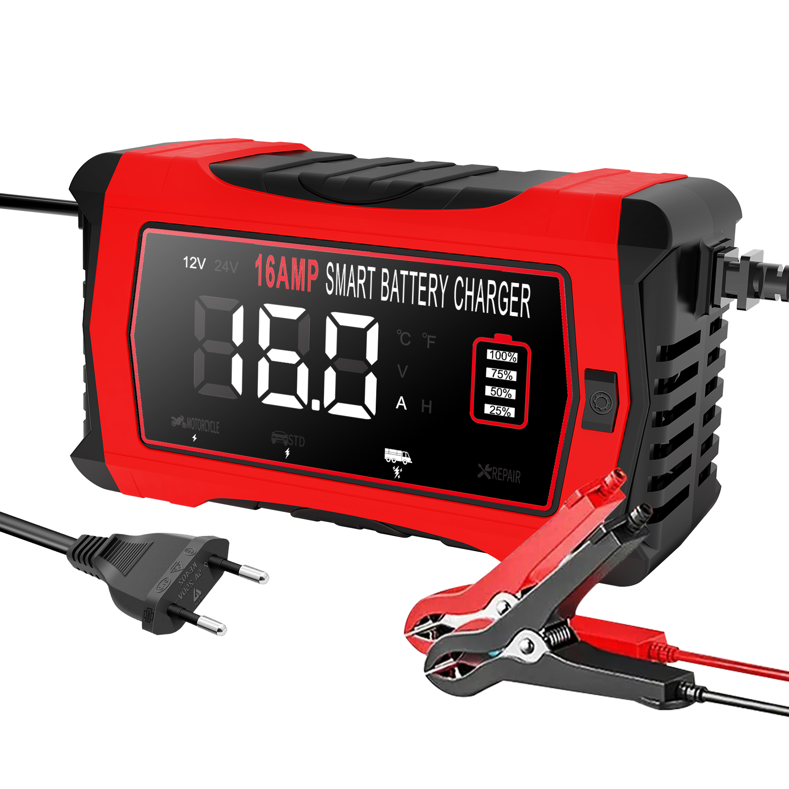 Caricabatteria per auto di riparazione universale 12V 16A 24V/10A Caricatore per moto di riparazione intelligente per batteria al piombo AGM gel LiFePO4: esercito verde