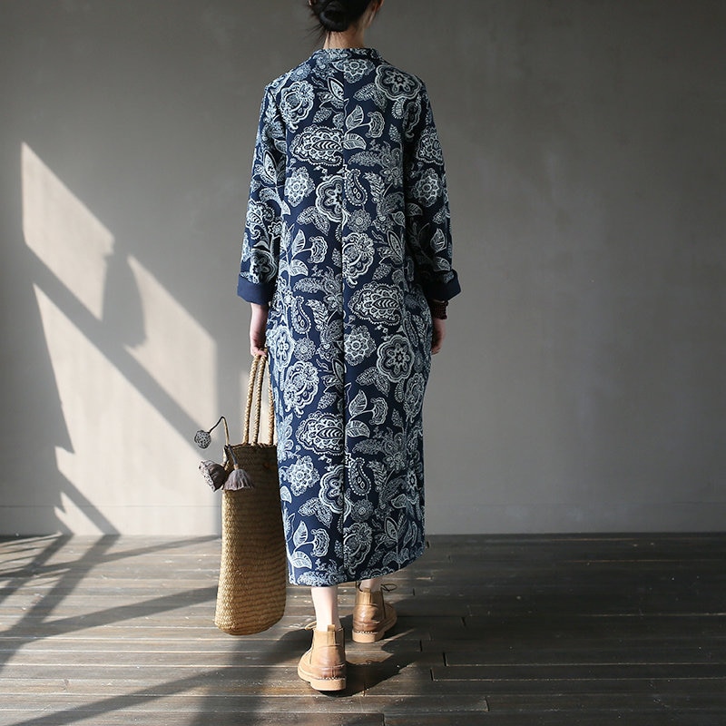 Johnature kvinder vintage kjole hvid og blå kinesisk stil cheongsam efterår vinter stand langærmet fleece varm kjole