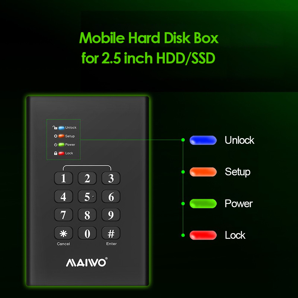 MAIWO 2TB Password External Hard Drive Enclosure HD Data Encrypted Storage Box For SATA I/II/III SSD USB3.0 Computer Memory