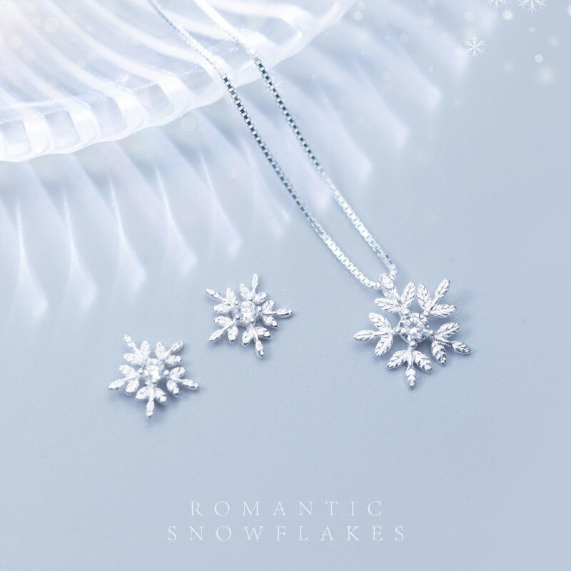 Moda fiocco di neve zircone cubico collana gioielli da donna Set natale neve fiore orecchini regali in argento Sterling 925