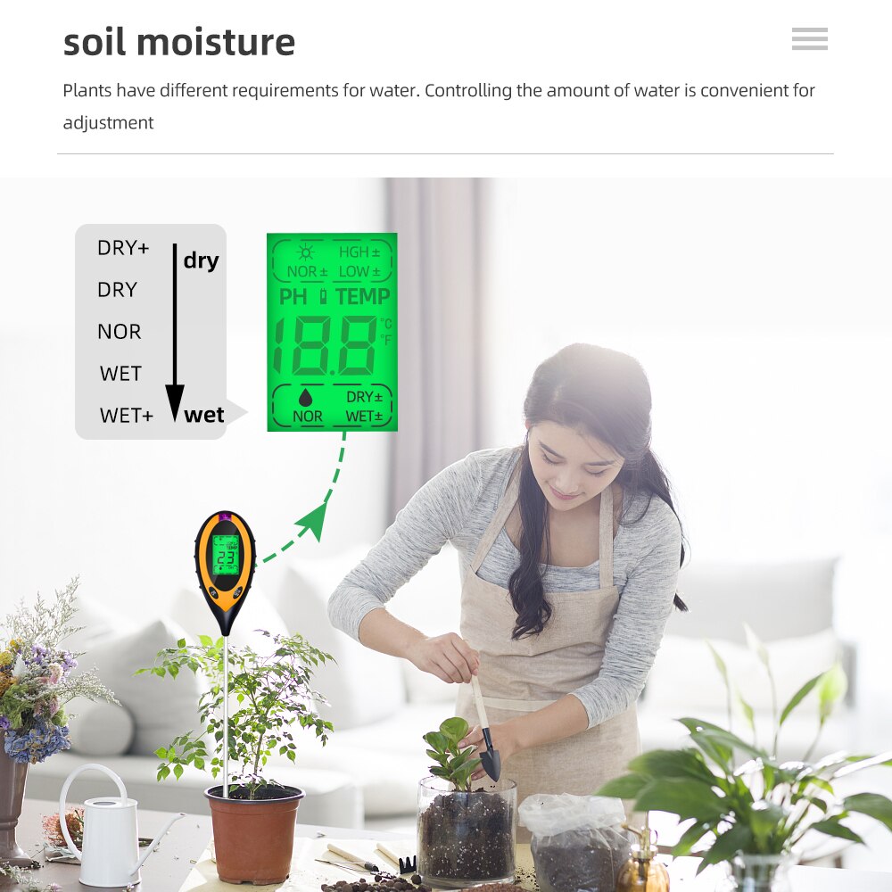 4 in 1 PH/Moisture/Temp/Soil Testers PH Meter plants moisture meter soil moisture sensor Acidity Measure Instrument 60% OFF