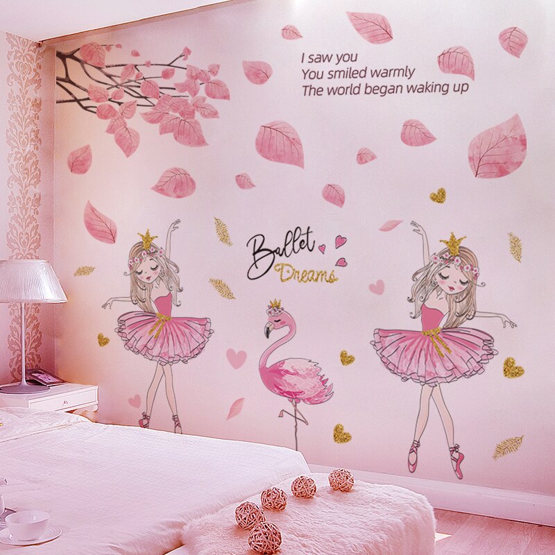 Roze Boom Bladeren Muurstickers Diy Ballet Meisje Flamingo Muurstickers Voor Kinderen Slaapkamer Baby Kamers Keuken Nursery Woondecoratie