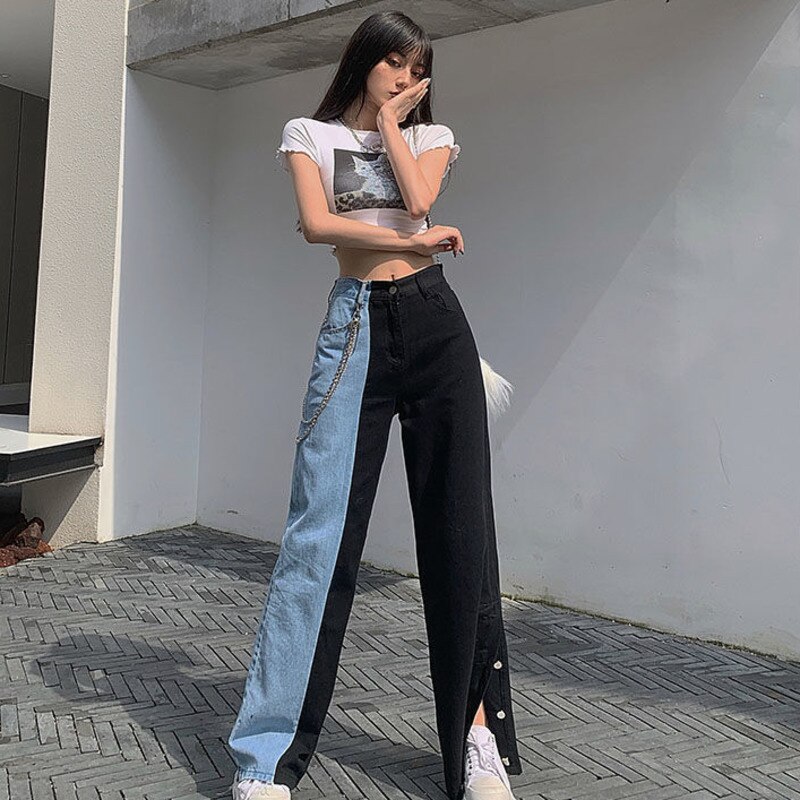 Taille haute femmes jean fendu vêtements large jambe jean été Vintage jean femme pantalons longs Cowboy femme vêtements de rue en vrac