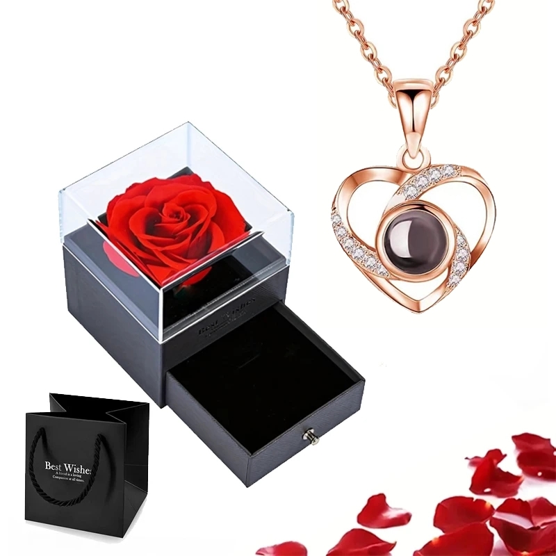 Conjunto de colar de projeção com caixa de presente rosa 100 idiomas eu te amo coração pingente jóias 2024 para presentes namorada dropshipping